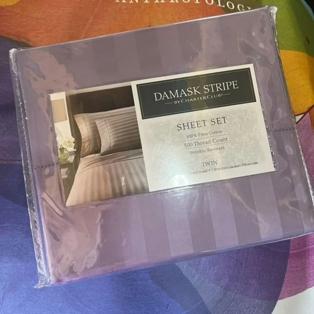 Charter Club Damask Stripe Sheet Set Pima Cotton Twin Purple NEW